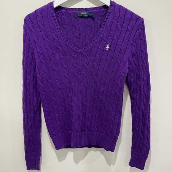 Polo Ralph Lauren Purple Cable Knit VNeck Sweater Women Medium Preppy Academia - Picture 2 of 7